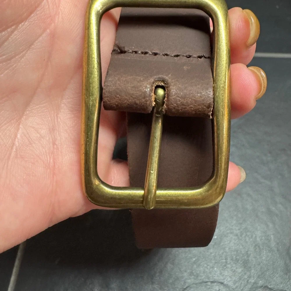 Vintage C&A Accessoires Brown Cow‎ Split Leather Belt XL Brass Buckle Western